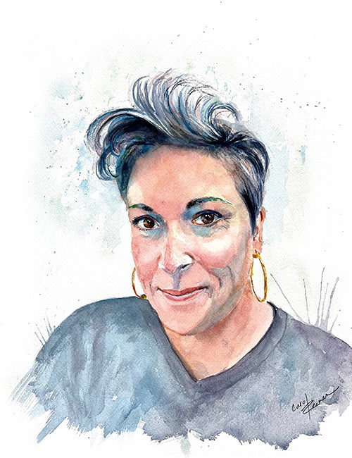A watercolor portrait by Carol Reiman of Laurajean Lewis, Distiller and co-founder of Olfactory House.