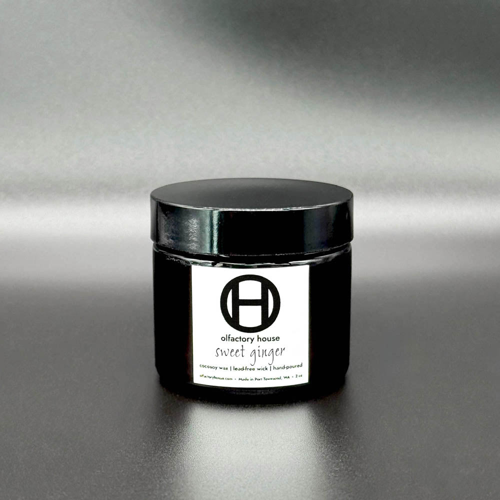 Olfactory House Sweet Ginger candles are made from cocosoy wax, have a lead-free wick and are hand poured. This is the 2oz jar. 