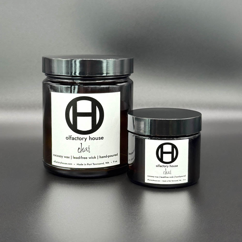 Olfactory House Chai candles are made from cocosoy wax, have a lead-free wick and are hand poured. They come in a 2oz or 9oz glass jar with lid. 