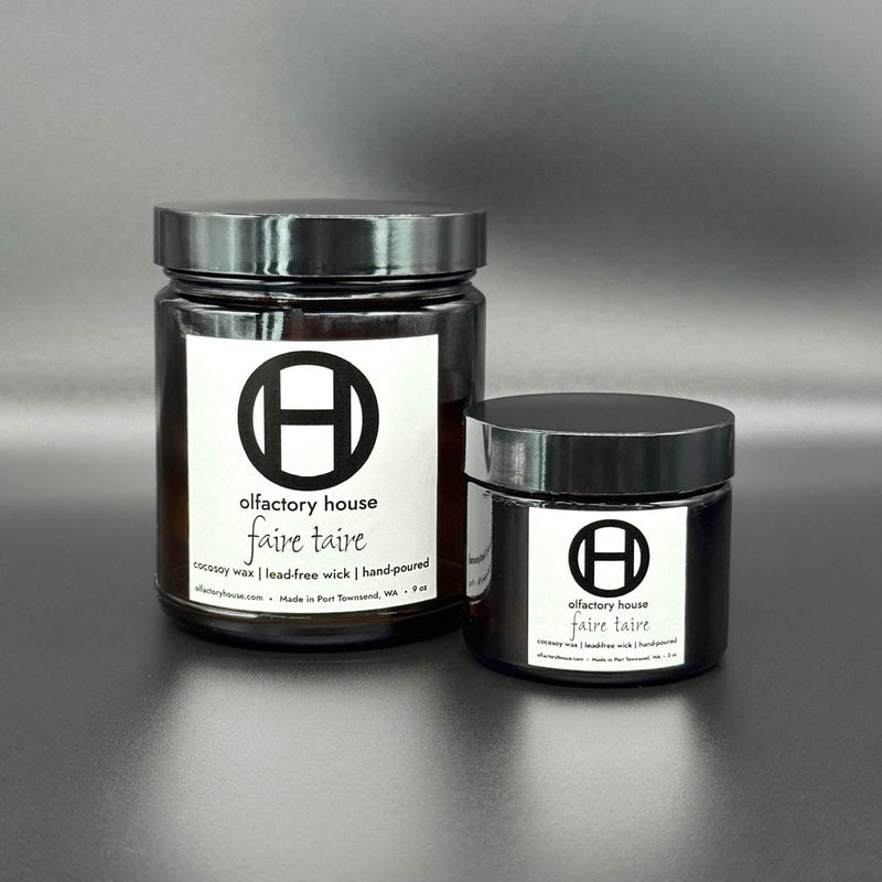 Olfactory House Faire Taire candles are made from cocosoy wax, have a lead-free wick and are hand poured. They come in a 2oz or 9oz glass jar with lid. 