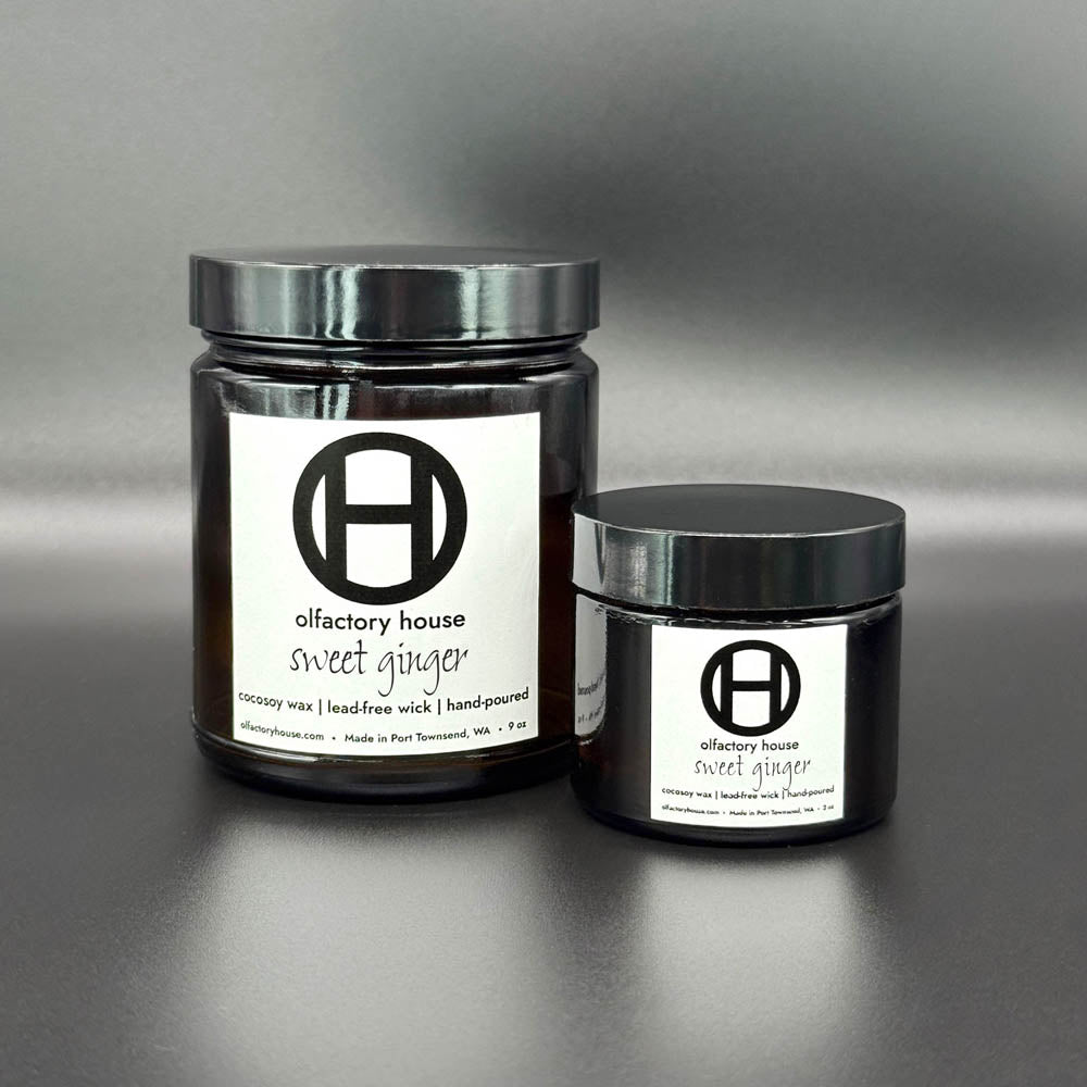 Olfactory House Sweet Ginger candles are made from cocosoy wax, have a lead-free wick and are hand poured. They come in a 2oz or 9oz glass jar with lid. 