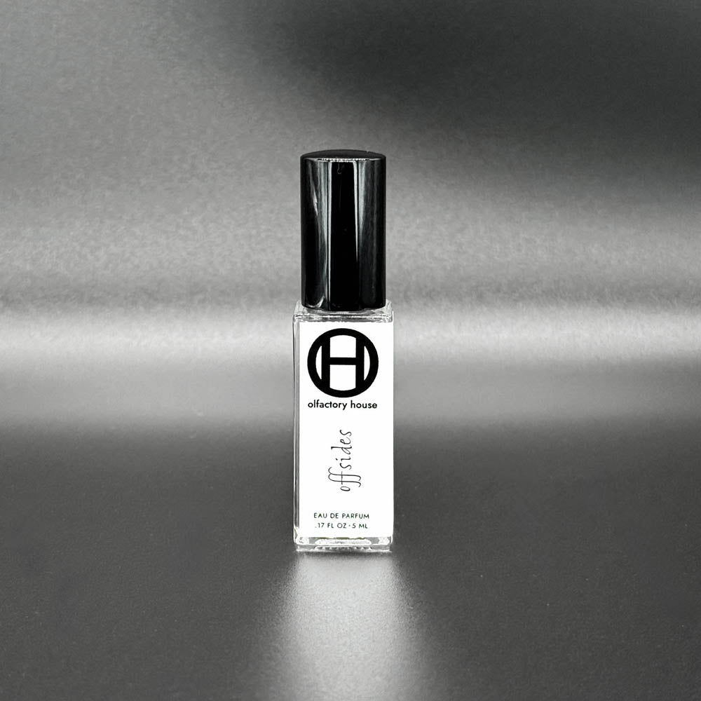 The 5ml bottle of Offsides, an eau de parfum by Olfactory House. 