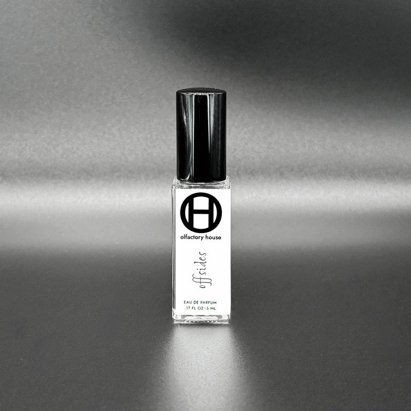 The 5ml bottle of Offsides, an eau de parfum by Olfactory House. 