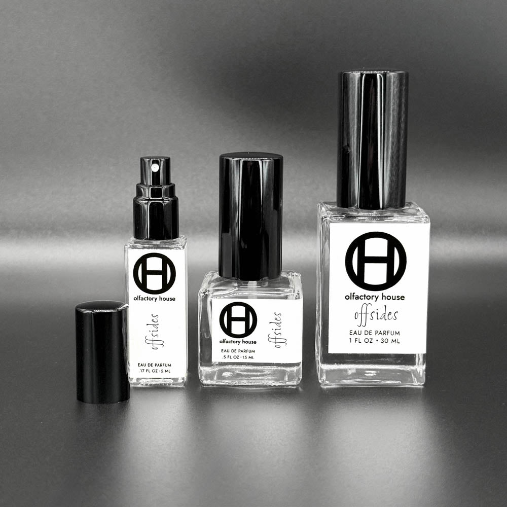 Offsides is an eau de parfum by Olfactory House. It comes in 2ml, 5ml, 15ml, or 30ml bottles. 