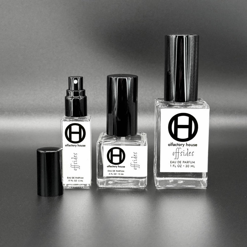 Offsides is an eau de parfum by Olfactory House. It comes in 2ml, 5ml, 15ml, or 30ml bottles. 