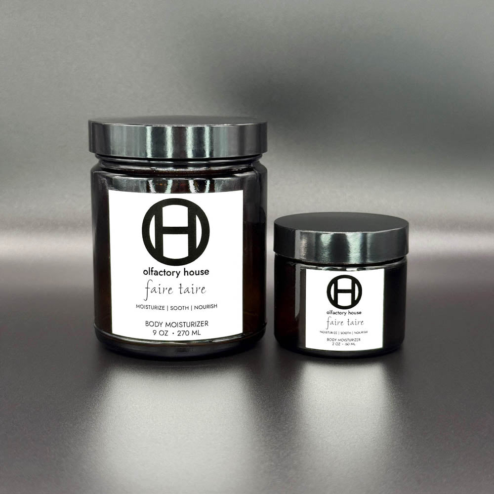 The Olfactory House Faire Taire Body Moisturizer comes in a 2oz or 9 oz glass jar with lid. 