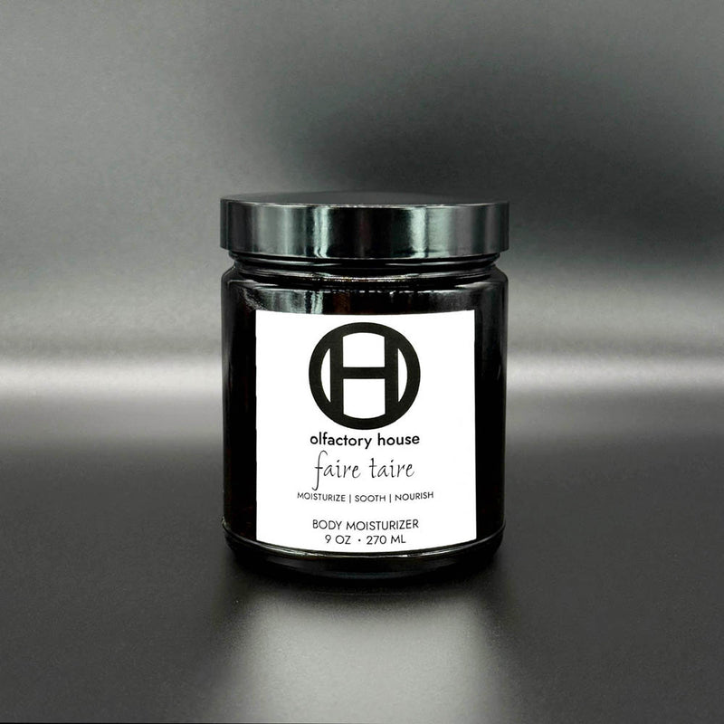 The Olfactory House Faire Taire Body Moisturizer comes in a 22oz glass jar with lid. 